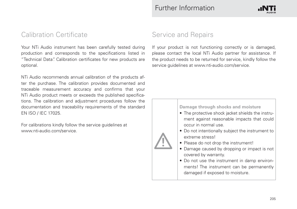 Calibration certificate service and repairs, Further information calibration certificate, Service and repairs | NTi Audio XL2 Sound Level Meter User Manual | Page 205 / 240