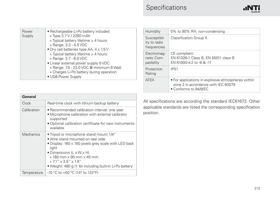 Specifications | NTi Audio XL2 Sound Level Meter User Manual | Page 213 / 240