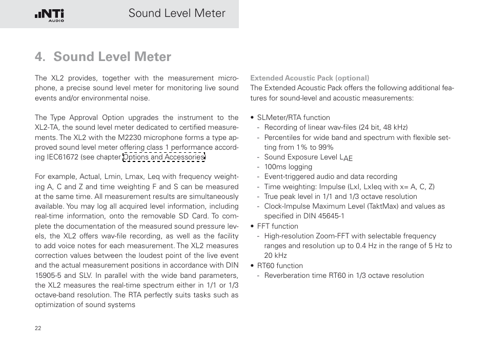 Sound level meter | NTi Audio XL2 Sound Level Meter User Manual | Page 22 / 240