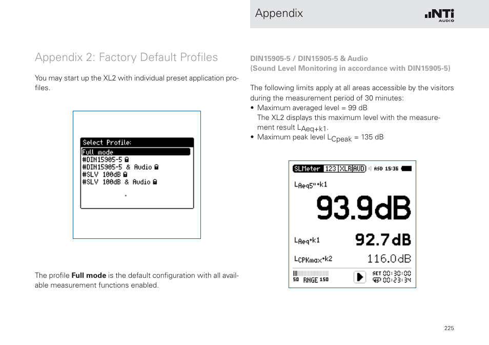 Appendix 2: factory default profiles, Appendix appendix 2: factory default profiles | NTi Audio XL2 Sound Level Meter User Manual | Page 225 / 240