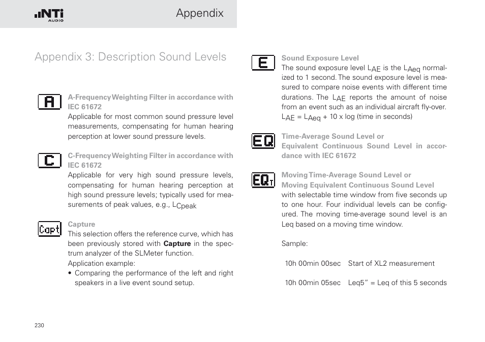 Appendix 3: description sound levels, Appendix appendix 3: description sound levels | NTi Audio XL2 Sound Level Meter User Manual | Page 230 / 240