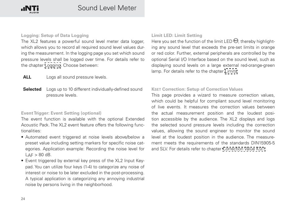 Sound level meter | NTi Audio XL2 Sound Level Meter User Manual | Page 24 / 240