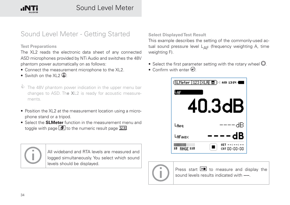 Sound level meter - getting started | NTi Audio XL2 Sound Level Meter User Manual | Page 34 / 240