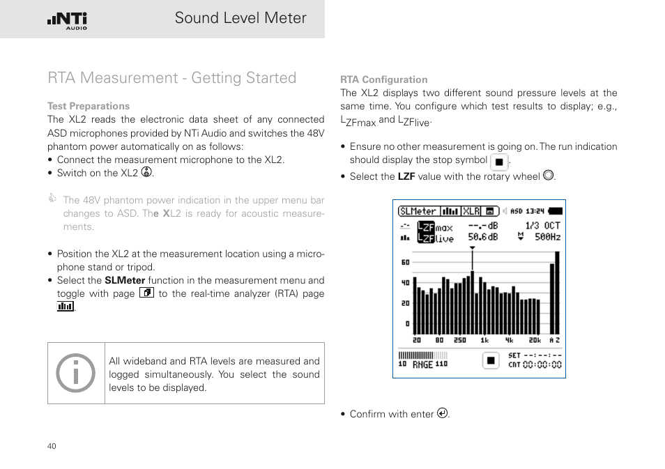 Rta measurement - getting started | NTi Audio XL2 Sound Level Meter User Manual | Page 40 / 240