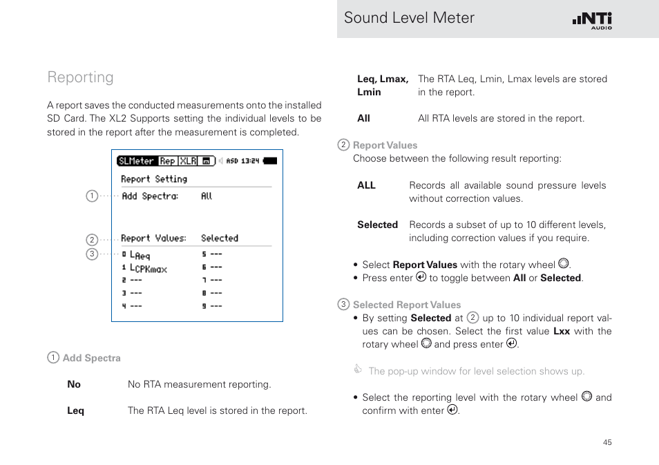 Reporting, Sound level meter reporting | NTi Audio XL2 Sound Level Meter User Manual | Page 45 / 240