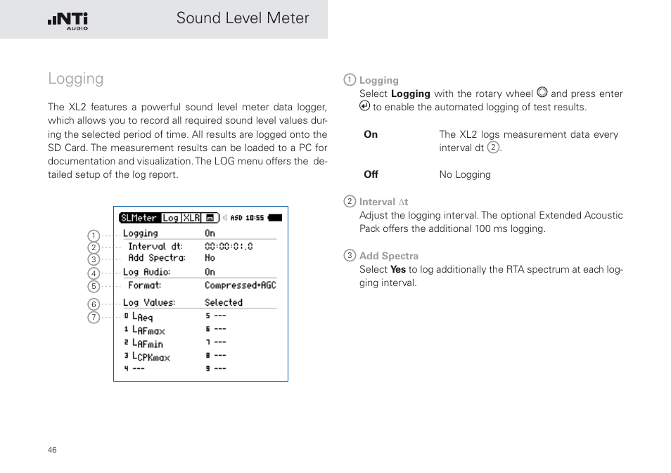 Logging, Hapter logging. choose bet, Sound level meter logging | NTi Audio XL2 Sound Level Meter User Manual | Page 46 / 240