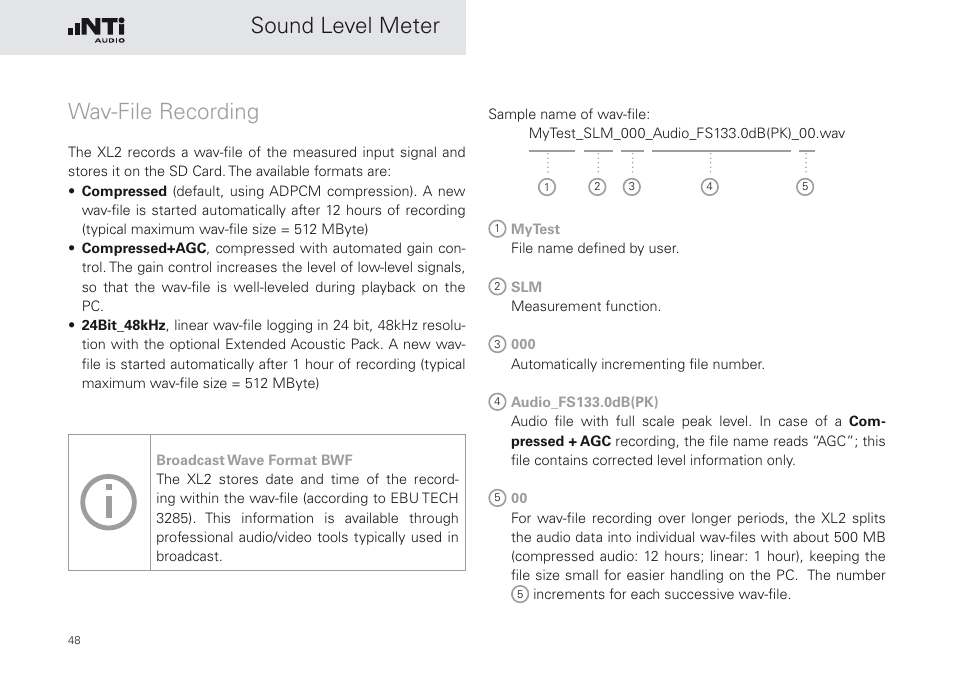 Wav-file recording, Sound level meter wav-file recording | NTi Audio XL2 Sound Level Meter User Manual | Page 48 / 240