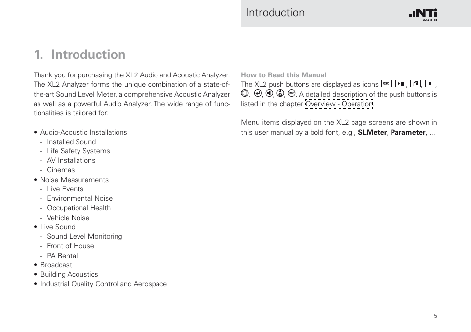 Introduction | NTi Audio XL2 Sound Level Meter User Manual | Page 5 / 240