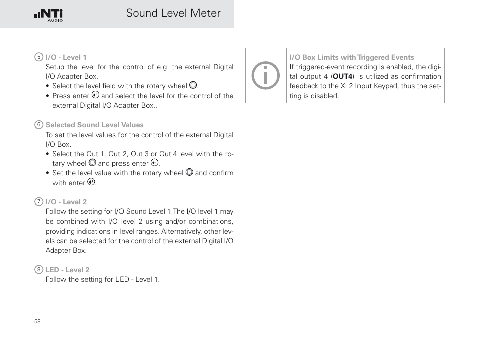 Sound level meter | NTi Audio XL2 Sound Level Meter User Manual | Page 58 / 240