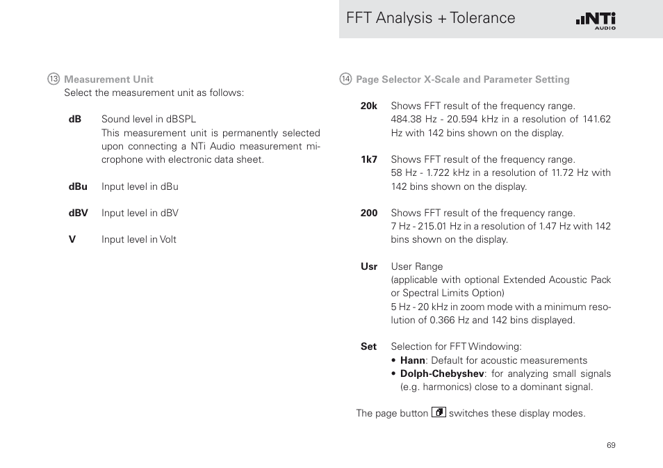 Fft analysis + tolerance | NTi Audio XL2 Sound Level Meter User Manual | Page 69 / 240