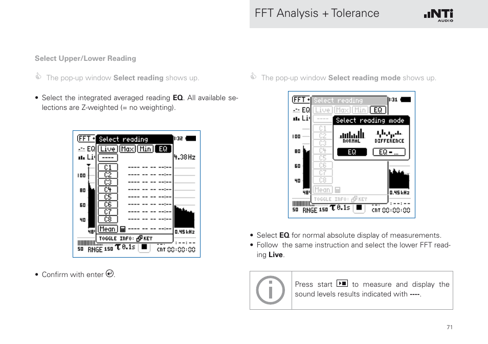 Fft analysis + tolerance | NTi Audio XL2 Sound Level Meter User Manual | Page 71 / 240