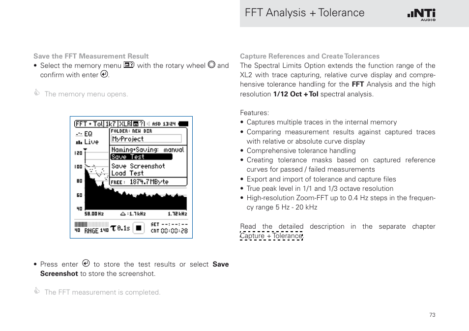 Fft analysis + tolerance | NTi Audio XL2 Sound Level Meter User Manual | Page 73 / 240