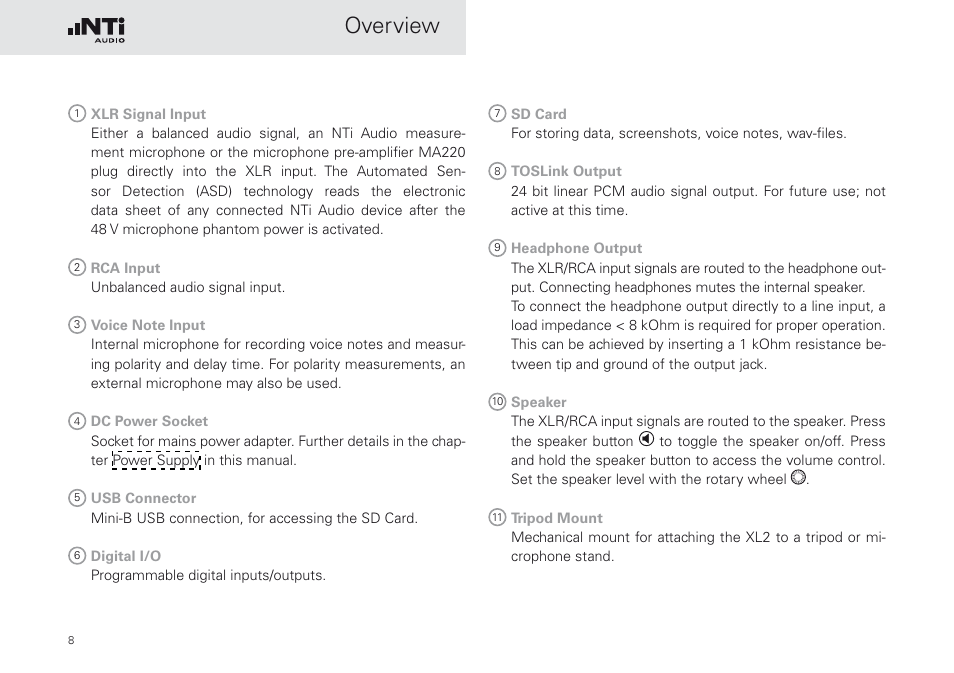 Overview | NTi Audio XL2 Sound Level Meter User Manual | Page 8 / 240