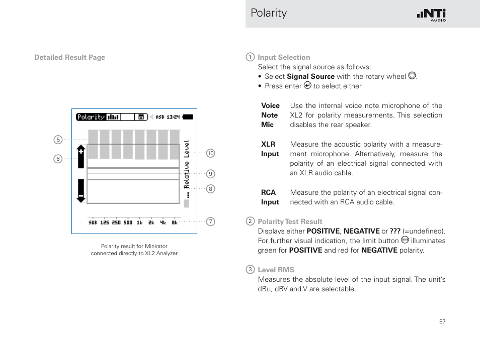 Polarity | NTi Audio XL2 Sound Level Meter User Manual | Page 87 / 240