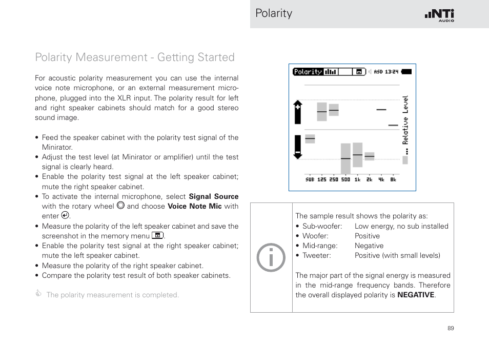 Polarity polarity measurement - getting started | NTi Audio XL2 Sound Level Meter User Manual | Page 89 / 240