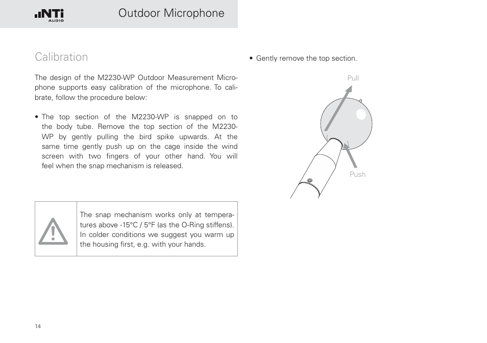 Calibration, Outdoor microphone calibration | NTi Audio M2230-WP User Manual | Page 14 / 28