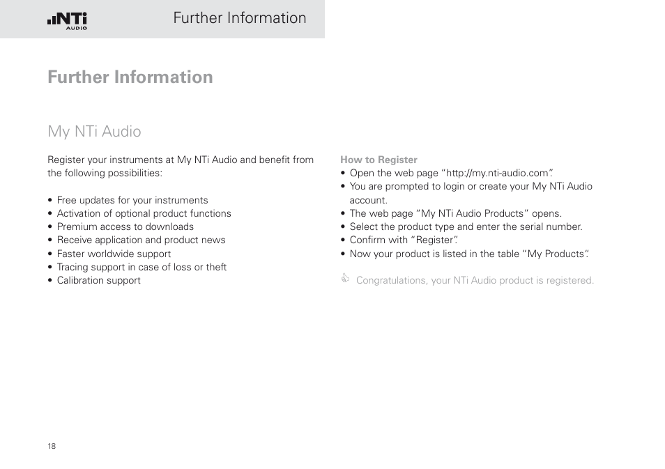 Further information, My nti audio | NTi Audio M2230-WP User Manual | Page 18 / 28