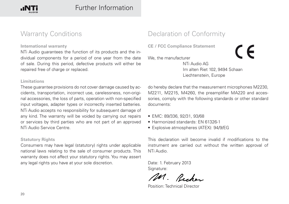 Warranty conditions declaration of conformity, Further information warranty conditions, Declaration of conformity | NTi Audio M2230-WP User Manual | Page 20 / 28