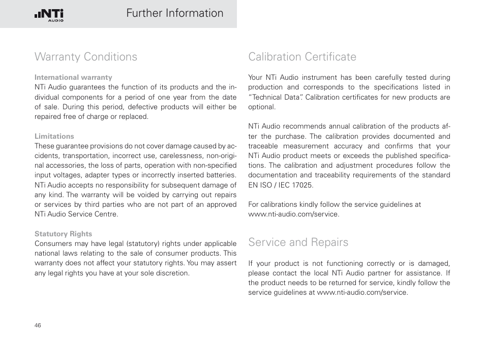 Warranty conditions, Calibration certificate, Service and repairs | Further information warranty conditions | NTi Audio Minirator MR-PRO User Manual | Page 46 / 52