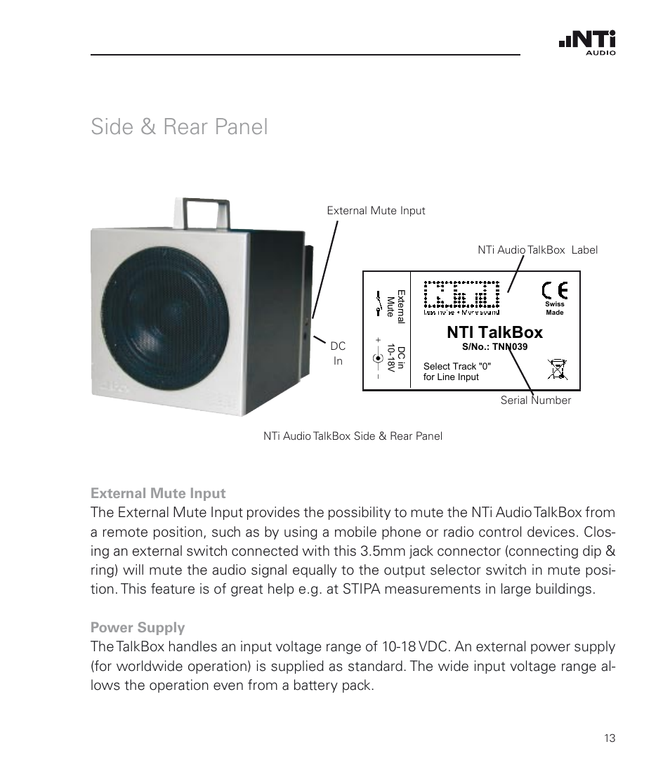 Side & rear panel, Nti talkbox | NTi Audio TalkBox User Manual | Page 13 / 32