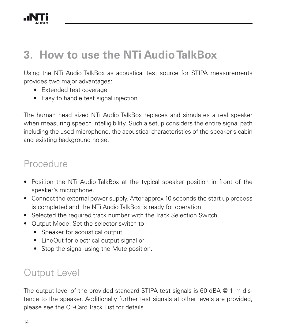 How to use the nti audio talkbox, Procedure, Output level | Procedure output level | NTi Audio TalkBox User Manual | Page 14 / 32