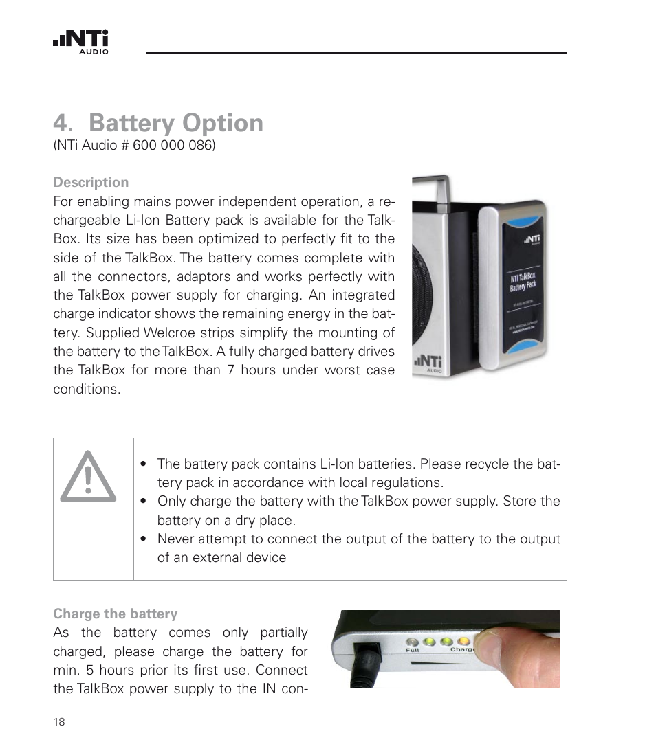 Battery option | NTi Audio TalkBox User Manual | Page 18 / 32