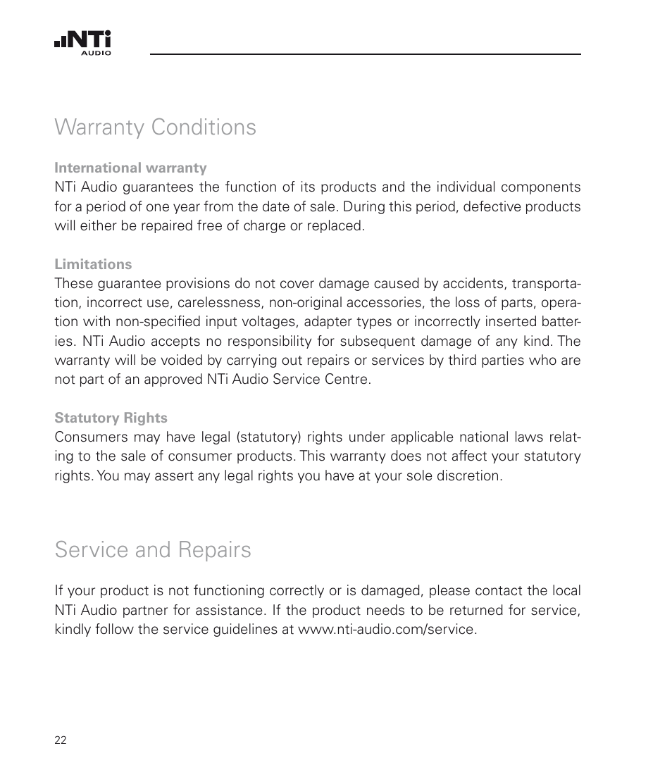 Warranty conditions, Service and repairs, Warranty conditions service and repairs | NTi Audio TalkBox User Manual | Page 22 / 32