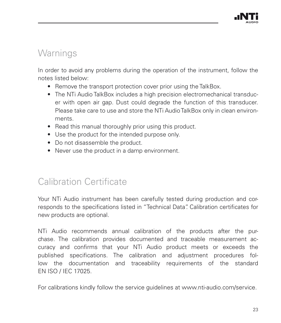 Warnings, Calibration certificate, Warnings calibration certificate | NTi Audio TalkBox User Manual | Page 23 / 32