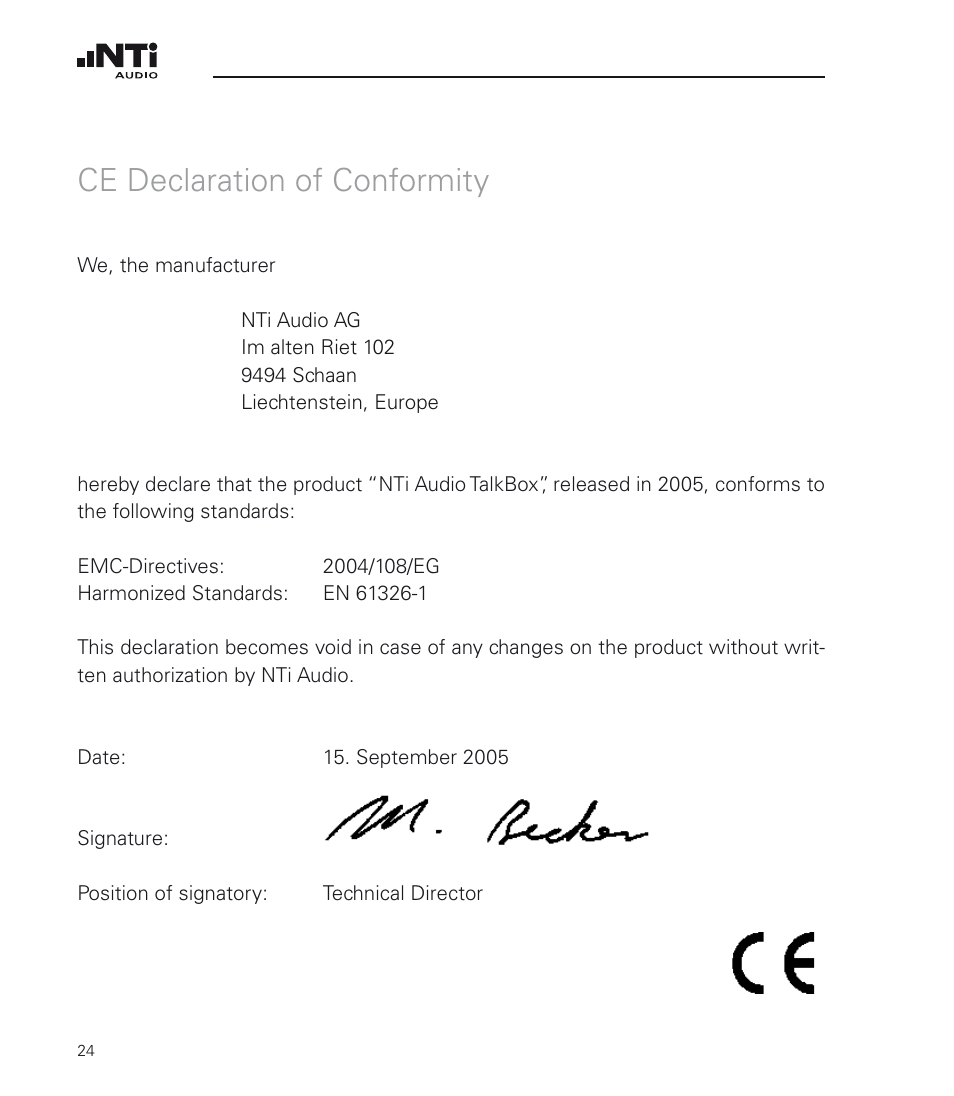 Ce declaration of conformity | NTi Audio TalkBox User Manual | Page 24 / 32