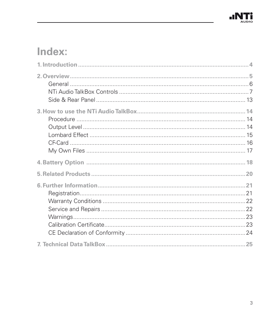 Index | NTi Audio TalkBox User Manual | Page 3 / 32