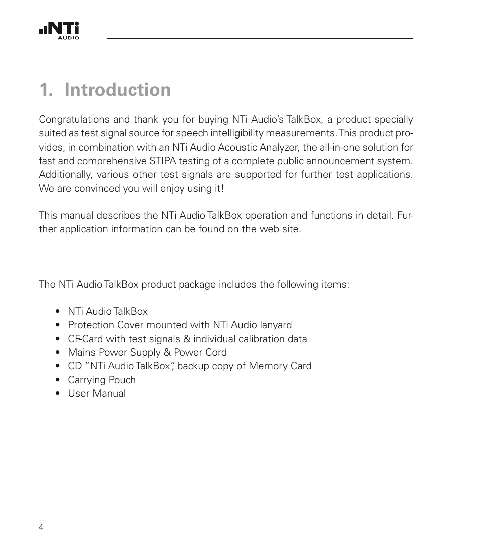 Introduction | NTi Audio TalkBox User Manual | Page 4 / 32