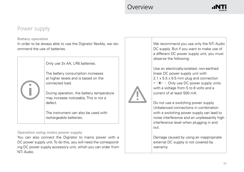 Power supply, Overview | NTi Audio Digirator DR2 User Manual | Page 11 / 56