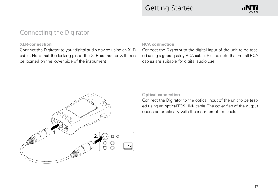 Connecting the digirator, Getting started | NTi Audio Digirator DR2 User Manual | Page 17 / 56