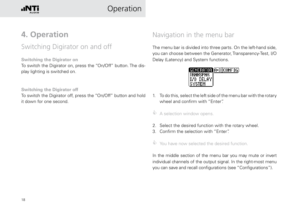 Operation, Switching digirator on and off, Navigation in the menu bar | NTi Audio Digirator DR2 User Manual | Page 18 / 56