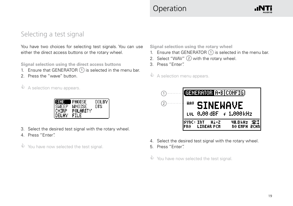 Selecting a test signal, Operation | NTi Audio Digirator DR2 User Manual | Page 19 / 56