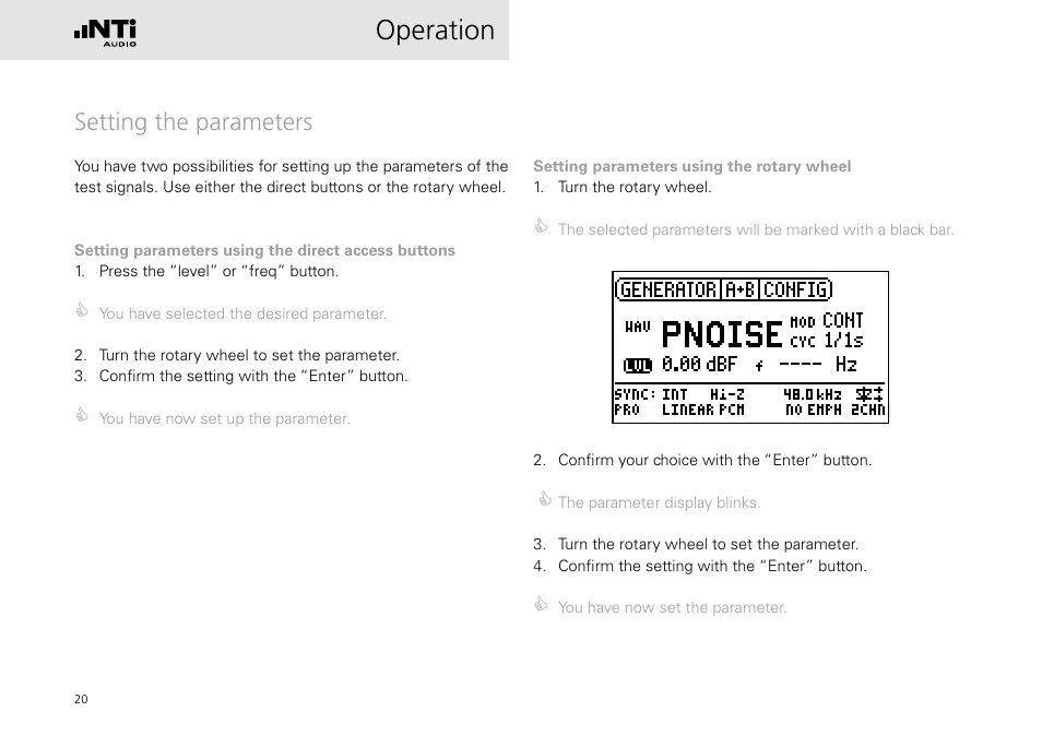 Setting the parameters, Operation | NTi Audio Digirator DR2 User Manual | Page 20 / 56