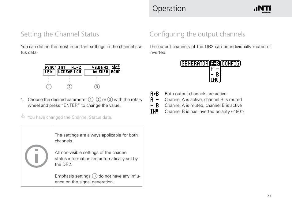 Setting the channel status, Configuring the output channels, Operation | NTi Audio Digirator DR2 User Manual | Page 23 / 56