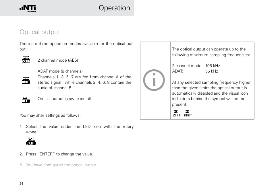 Operation, Optical output | NTi Audio Digirator DR2 User Manual | Page 24 / 56