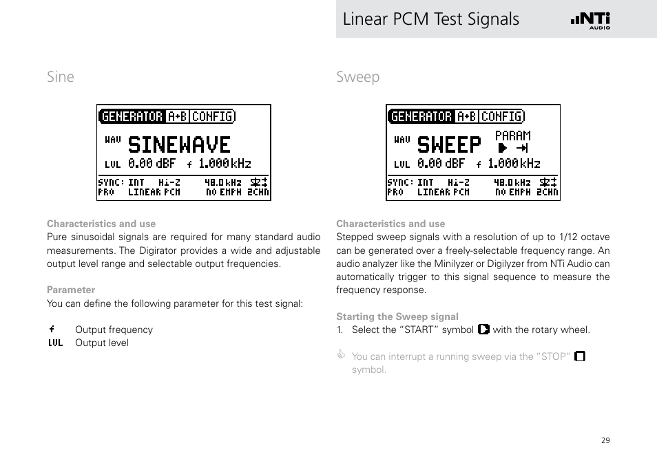 Sine, Sweep, Sine sweep | Linear pcm test signals | NTi Audio Digirator DR2 User Manual | Page 29 / 56