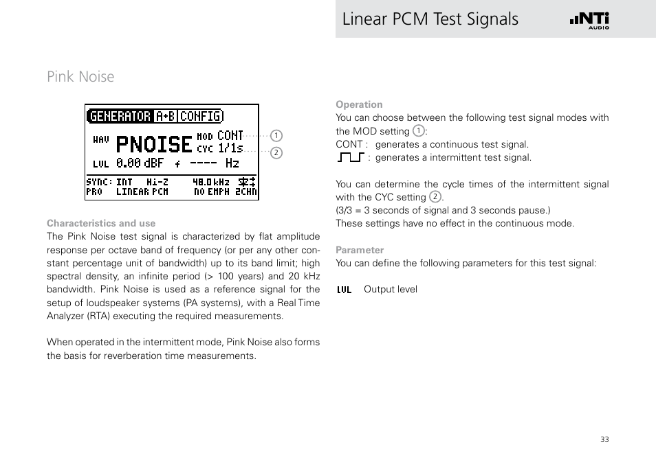 Pink noise, Linear pcm test signals | NTi Audio Digirator DR2 User Manual | Page 33 / 56