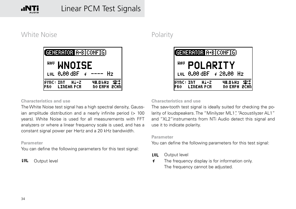 White noise, Polarity, White noise polarity | Linear pcm test signals | NTi Audio Digirator DR2 User Manual | Page 34 / 56