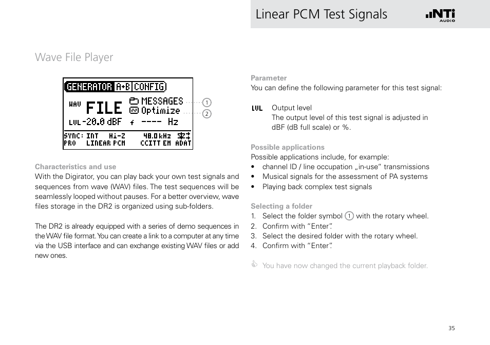 Wave file player, Linear pcm test signals | NTi Audio Digirator DR2 User Manual | Page 35 / 56