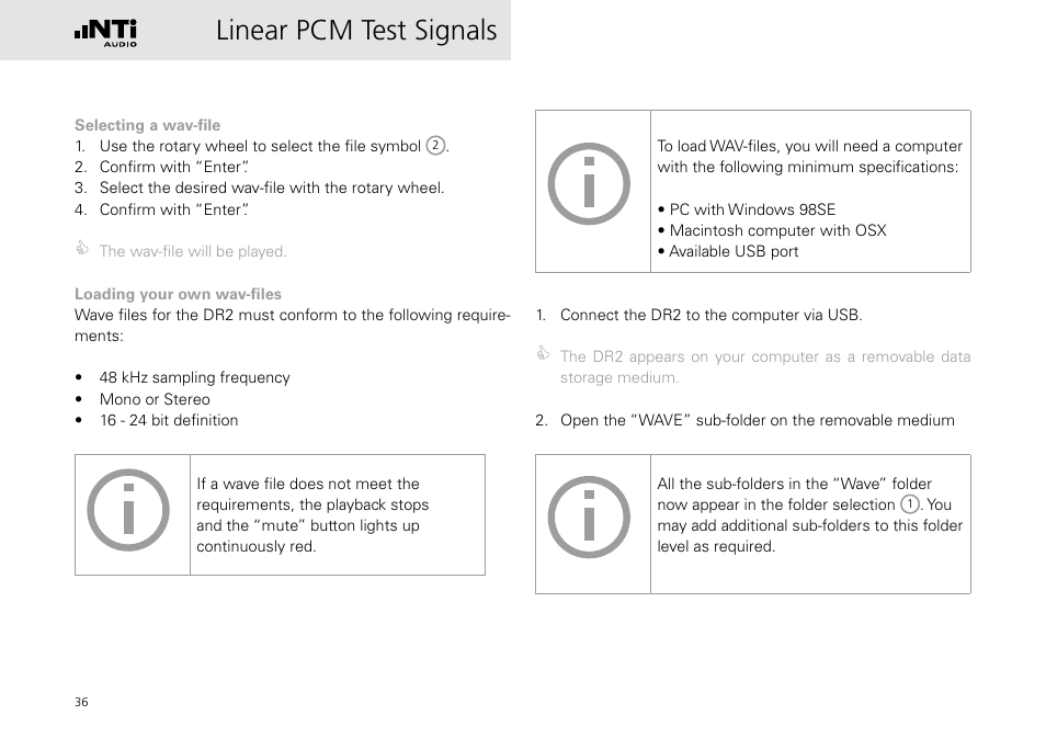 Linear pcm test signals | NTi Audio Digirator DR2 User Manual | Page 36 / 56