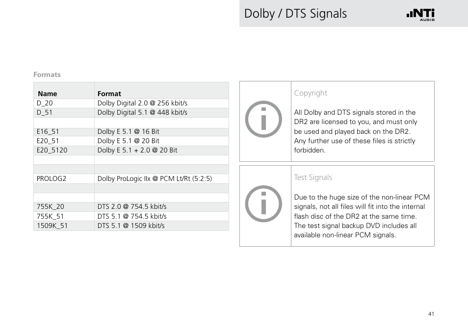 Dolby / dts signals | NTi Audio Digirator DR2 User Manual | Page 41 / 56