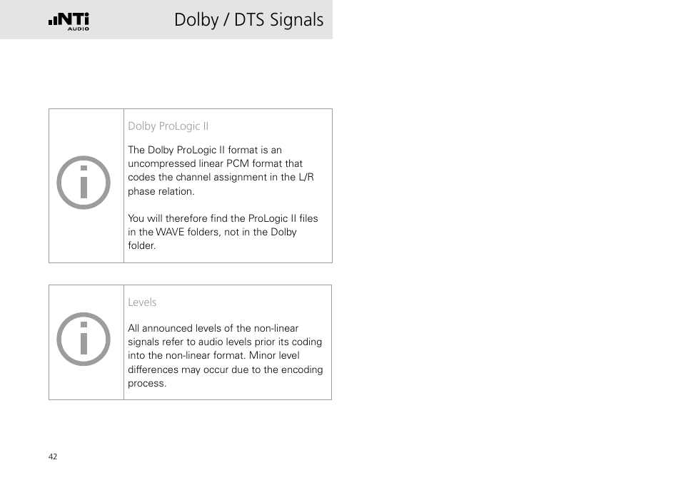 Dolby / dts signals | NTi Audio Digirator DR2 User Manual | Page 42 / 56