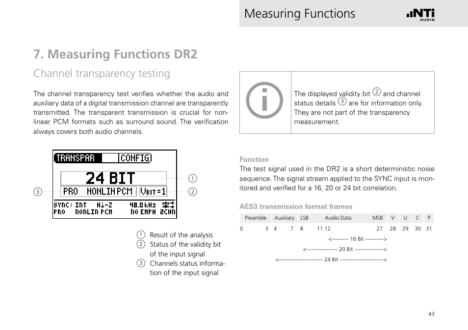 Measuring functions dr2, Channel transparency testing, Measuring functions 7. measuring functions dr2 | NTi Audio Digirator DR2 User Manual | Page 43 / 56