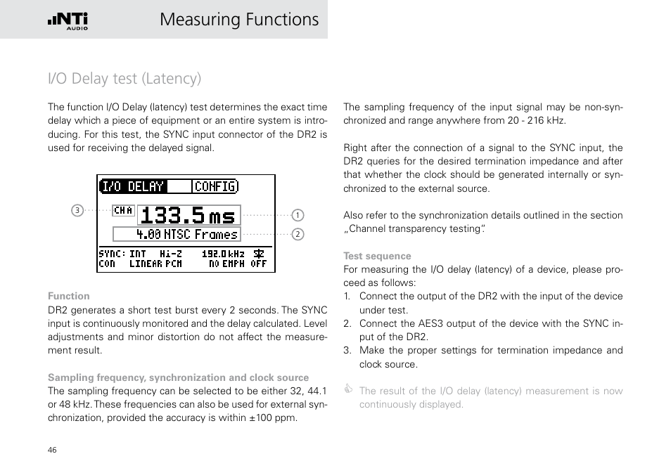 I/o delay test (latency), Measuring functions | NTi Audio Digirator DR2 User Manual | Page 46 / 56