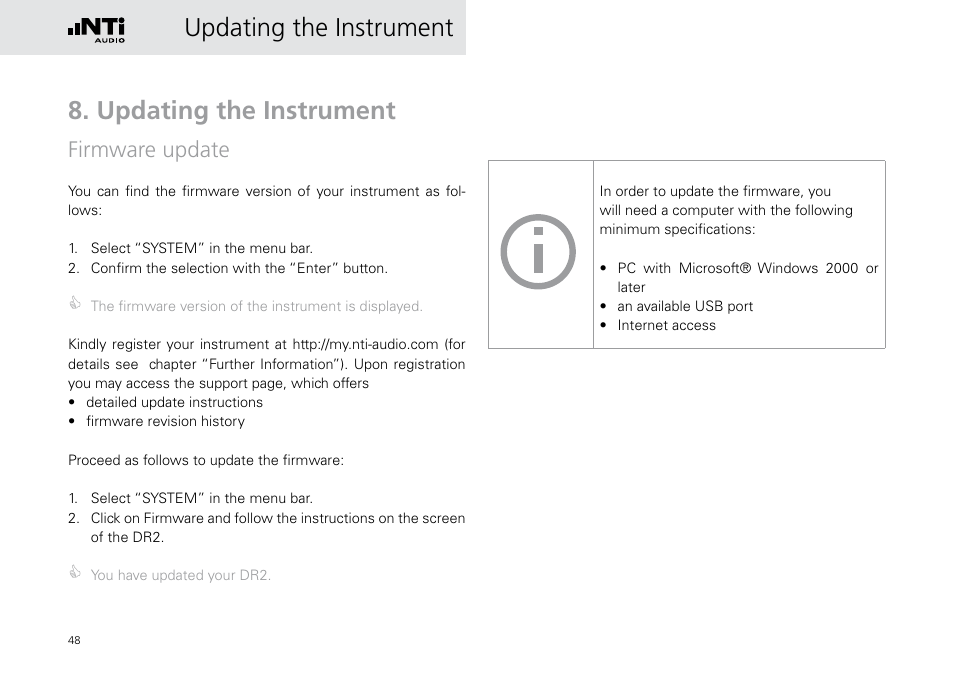 Updating the instrument, Firmware update | NTi Audio Digirator DR2 User Manual | Page 48 / 56