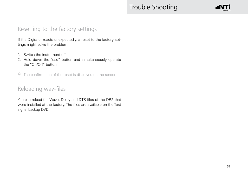 Resetting to the factory settings, Reloading wav-files, Trouble shooting | NTi Audio Digirator DR2 User Manual | Page 51 / 56