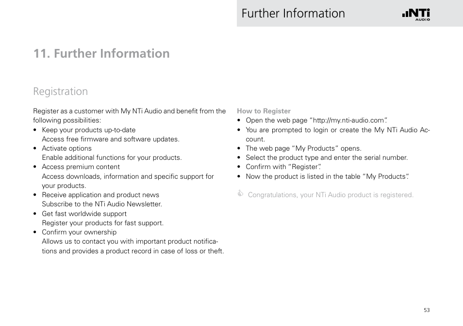 Further information, Registration, Further information 11. further information | NTi Audio Digirator DR2 User Manual | Page 53 / 56